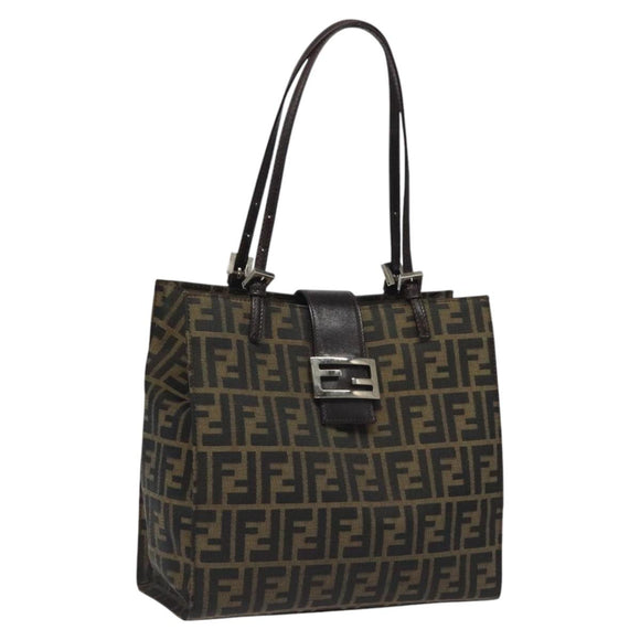 FENDI Zucca Canvas Mamma Baguette Tote Bag Black Brown Silver Auth BD1155