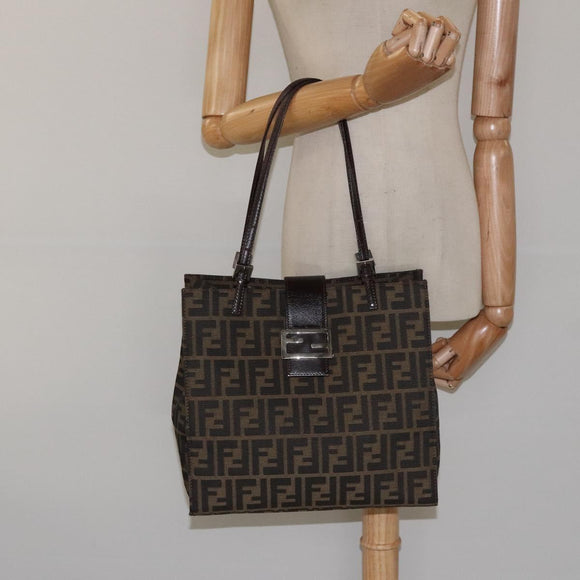 FENDI Zucca Canvas Mamma Baguette Tote Bag Black Brown Silver Auth BD1155