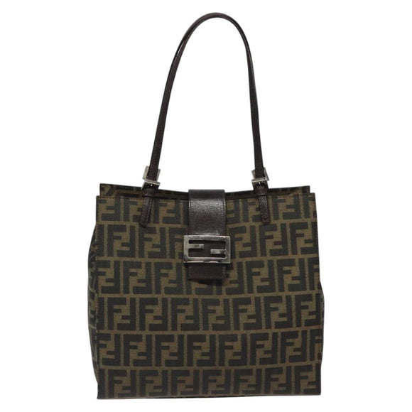 FENDI Zucca Canvas Mamma Baguette Tote Bag Black Brown Silver Auth BD1155