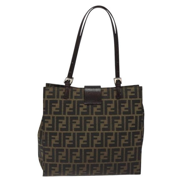 FENDI Zucca Canvas Mamma Baguette Tote Bag Black Brown Silver Auth BD1155
