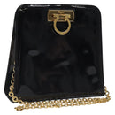 Salvatore Ferragamo Gancini Chain Shoulder Bag Enamel Black Gold Auth BD1170-1