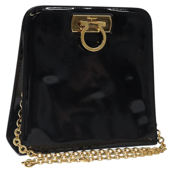Salvatore Ferragamo Gancini Chain Shoulder Bag Enamel Black Gold Auth BD1170