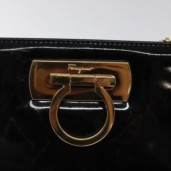 Salvatore Ferragamo Gancini Chain Shoulder Bag Enamel Black Gold Auth BD1170