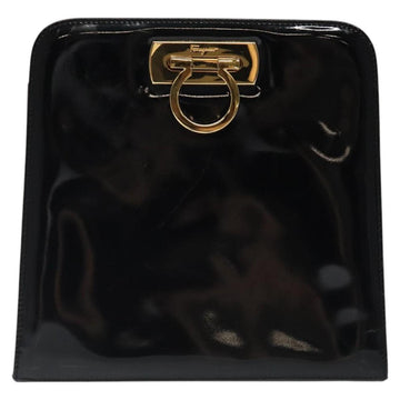 Salvatore Ferragamo Gancini Chain Shoulder Bag Enamel Black Gold Auth BD1170 - 0