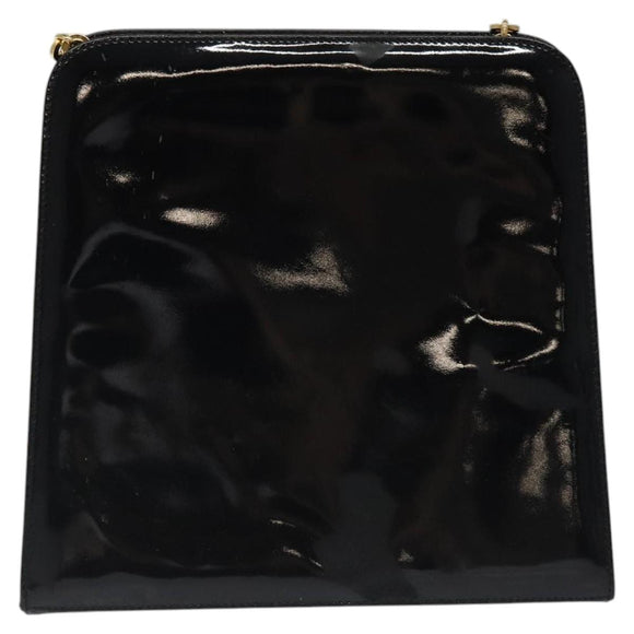 Salvatore Ferragamo Gancini Chain Shoulder Bag Enamel Black Gold Auth BD1170