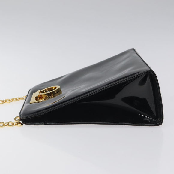 Salvatore Ferragamo Gancini Chain Shoulder Bag Enamel Black Gold Auth BD1170