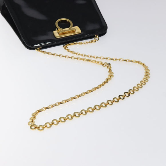 Salvatore Ferragamo Gancini Chain Shoulder Bag Enamel Black Gold Auth BD1170