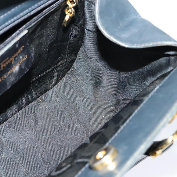 Salvatore Ferragamo Gancini Hand Bag Leather 2way Navy Gold Auth BD1171