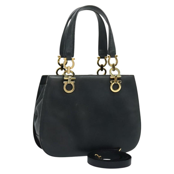Salvatore Ferragamo Gancini Hand Bag Leather 2way Navy Gold Auth BD1171