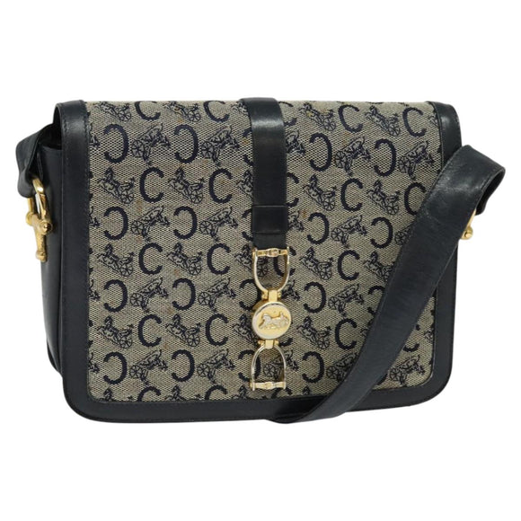CELINE C Sulky Shoulder Bag Canvas Navy Gold Auth BD1174