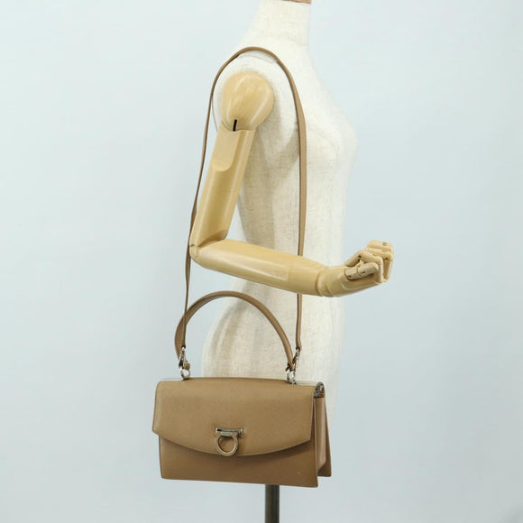 Salvatore Ferragamo Gancini Hand Bag Leather 2way Beige Silver Auth BD1190