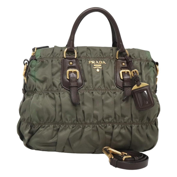 PRADA Hand Bag Nylon 2way Khaki Gold Auth BD1244