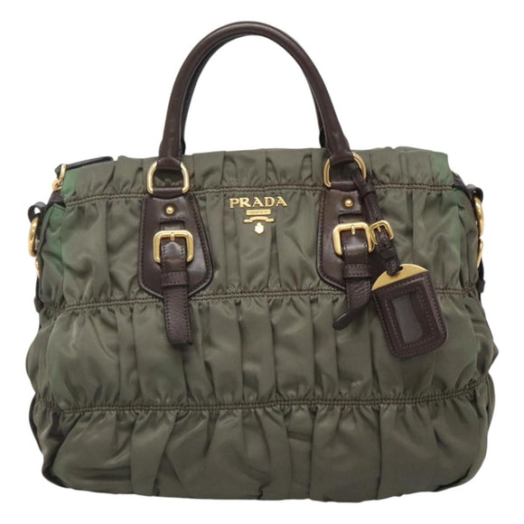 PRADA Hand Bag Nylon 2way Khaki Gold Auth BD1244