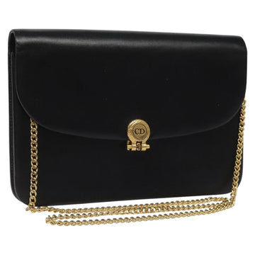 Christian Dior Chain Shoulder Bag Leather Black Gold Auth BD129