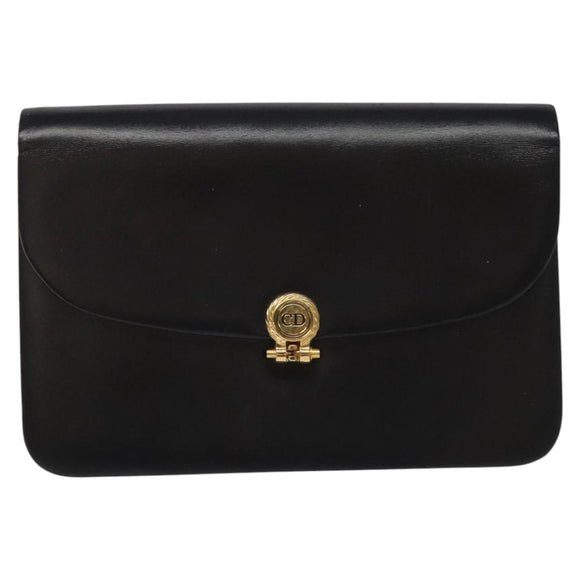 Christian Dior Chain Shoulder Bag Leather Black Gold Auth BD129