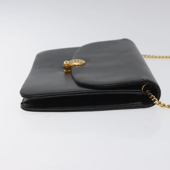 Christian Dior Chain Shoulder Bag Leather Black Gold Auth BD129