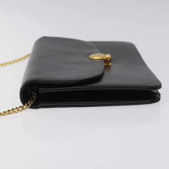 Christian Dior Chain Shoulder Bag Leather Black Gold Auth BD129