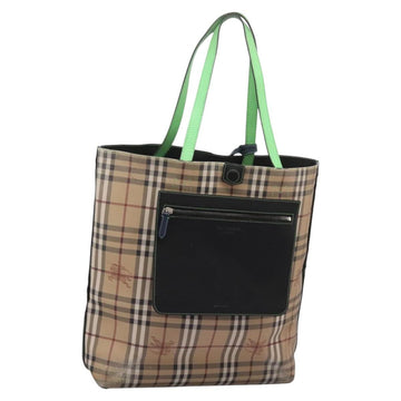 BURBERRY Nova Check Tote Bag PVC Leather Beige Green Silver Auth BD130