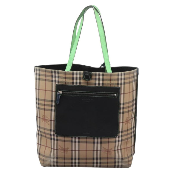 BURBERRY Nova Check Tote Bag PVC Leather Beige Green Silver Auth BD130