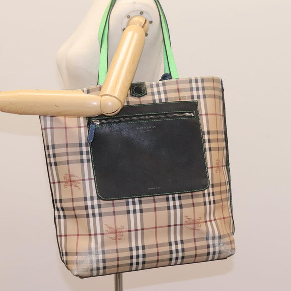 BURBERRY Nova Check Tote Bag PVC Leather Beige Green Silver Auth BD130