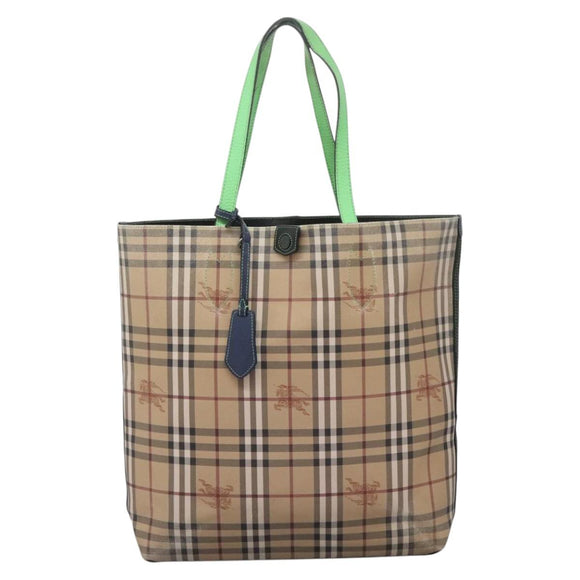 BURBERRY Nova Check Tote Bag PVC Leather Beige Green Silver Auth BD130