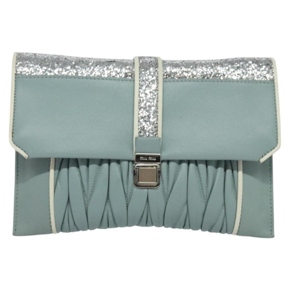 Miu Miu Chain Shoulder Bag Leather Blue Silver Auth BD1352