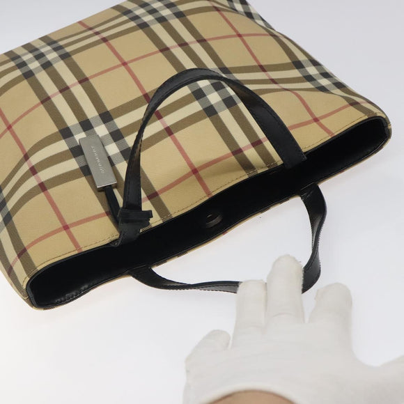 BURBERRY Nova Check Hand Bag PVC Beige Black Silver Auth BD1373