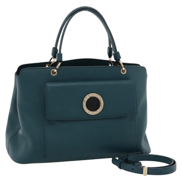 BVLGARI Hand Bag Leather 2way Turquoise Blue Gold Auth BD1376
