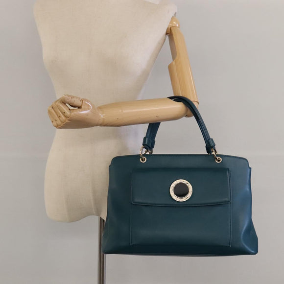 BVLGARI Hand Bag Leather 2way Turquoise Blue Gold Auth BD1376