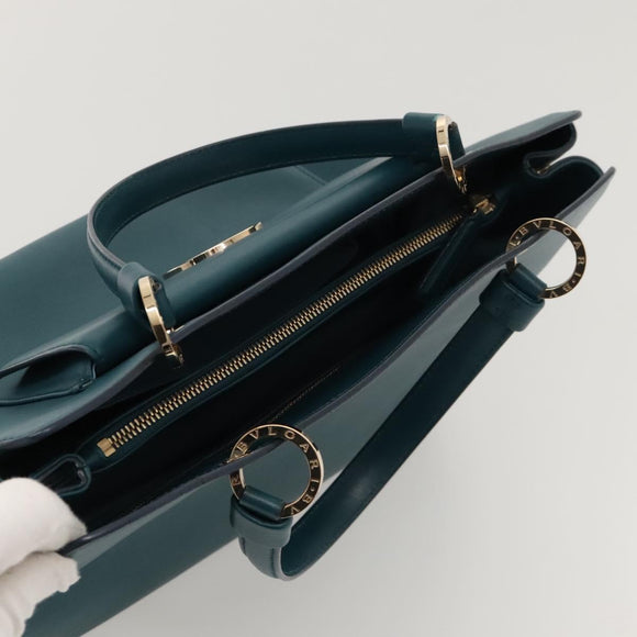 BVLGARI Hand Bag Leather 2way Turquoise Blue Gold Auth BD1376
