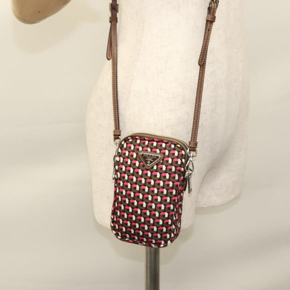 PRADA Shoulder Bag Nylon Leather Brown Pink Silver Auth BD1378V