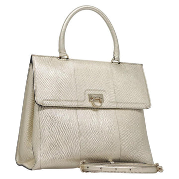 Salvatore Ferragamo Gancini Hand Bag Leather 2way Gold Auth BD137SV