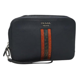 PRADA Clutch Bag Safiano leather Navy Silver Auth BD1408