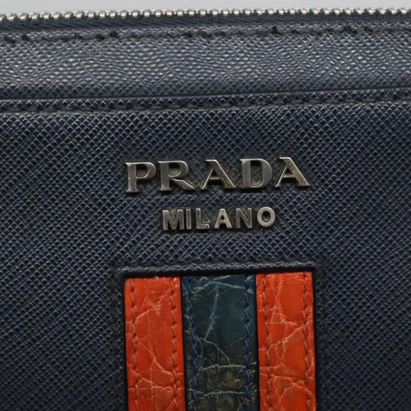 PRADA Clutch Bag Safiano leather Navy Silver Auth BD1408