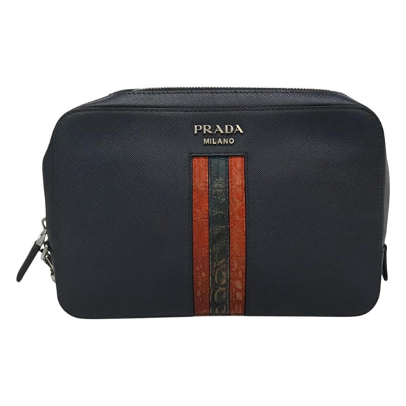 PRADA Clutch Bag Safiano leather Navy Silver Auth BD1408