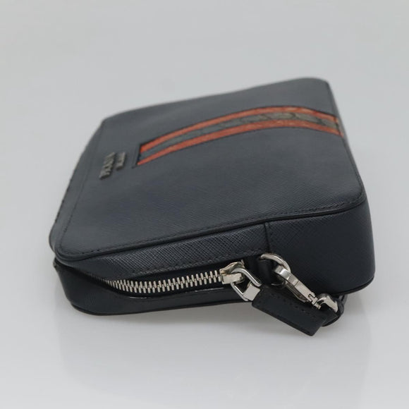 PRADA Clutch Bag Safiano leather Navy Silver Auth BD1408