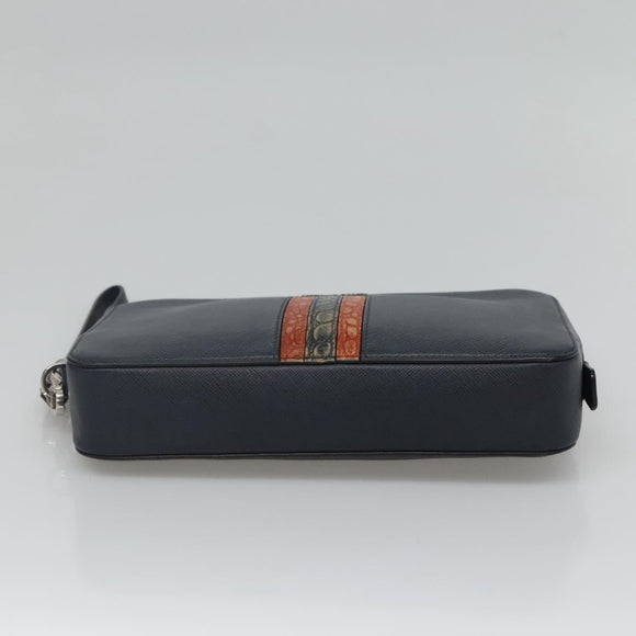 PRADA Clutch Bag Safiano leather Navy Silver Auth BD1408