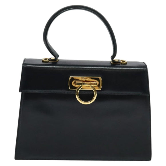 Salvatore Ferragamo Gancini Hand Bag Leather 2way Black Gold Auth BD1498
