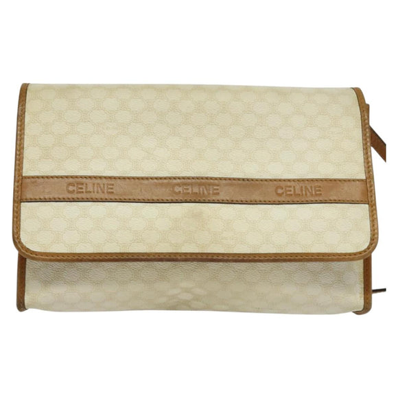 CELINE Macadam Canvas Shoulder Bag PVC Leather White Gold Auth BD1518