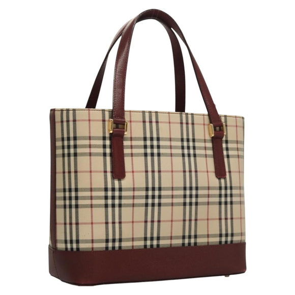 BURBERRY Nova Check Hand Bag Canvas Beige Bordeaux gold Auth BD1527