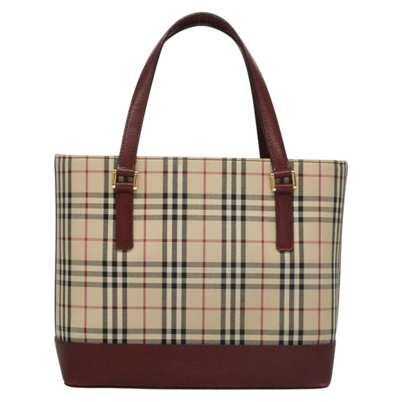 BURBERRY Nova Check Hand Bag Canvas Beige Bordeaux gold Auth BD1527