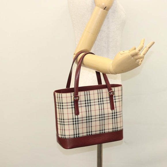BURBERRY Nova Check Hand Bag Canvas Beige Bordeaux gold Auth BD1527
