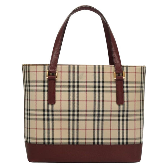 BURBERRY Nova Check Hand Bag Canvas Beige Bordeaux gold Auth BD1527