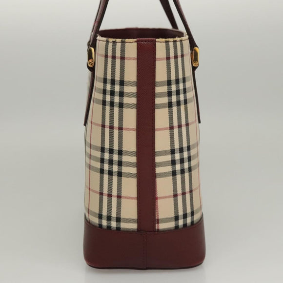 BURBERRY Nova Check Hand Bag Canvas Beige Bordeaux gold Auth BD1527