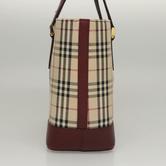 BURBERRY Nova Check Hand Bag Canvas Beige Bordeaux gold Auth BD1527