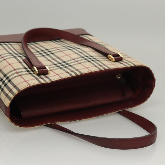 BURBERRY Nova Check Hand Bag Canvas Beige Bordeaux gold Auth BD1527