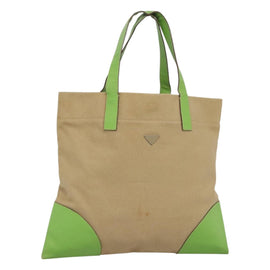 PRADA Tote Bag Canvas Beige Silver Auth BD1531