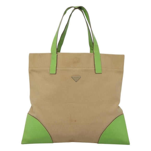 PRADA Tote Bag Canvas Beige Silver Auth BD1531
