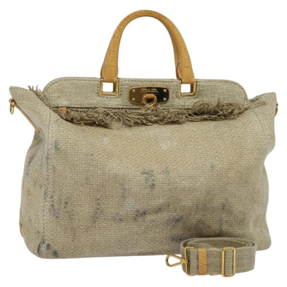 PRADA Hand Bag Canvas 2way Beige Gold Auth BD1555