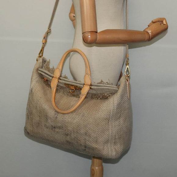 PRADA Hand Bag Canvas 2way Beige Gold Auth BD1555